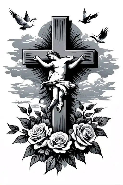 cross with clouds and doves flying and rose growing