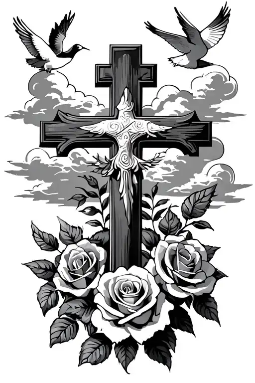 cross with clouds and doves flying and rose growing - Variation 2