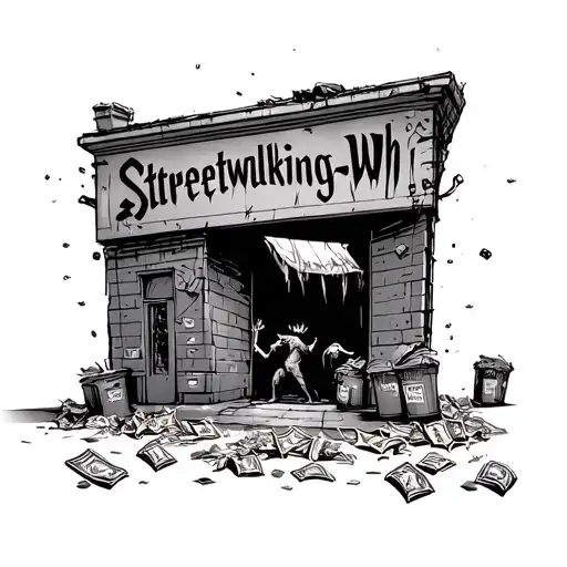 gritty street, trash, banknotes litter the street. demons peer out from buildings and alleys. the words Streetwalking Wh