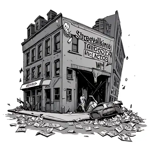 gritty street, trash, banknotes litter the street. demons peer out from buildings and alleys. the words Streetwalking Wh - Variation 2