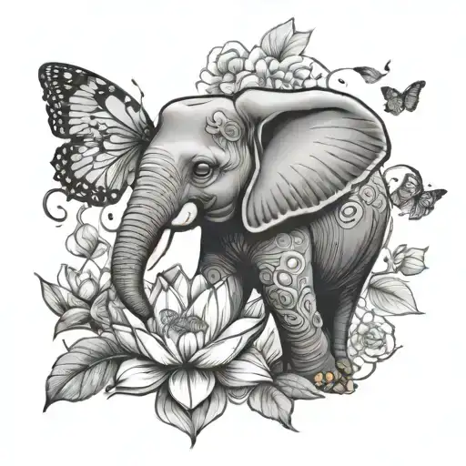 elephant lotus butterfly tattoo design - Variation 2