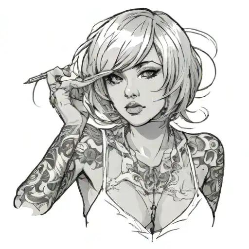 Sexy girl, Huge boobs, cleavage, petite, pure white eyes, torn clothing, short white bob hairstyle, waist up view - Variation 2