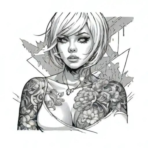 Sexy girl, Huge boobs, cleavage, petite, pure white eyes, torn clothing, short white bob hairstyle, waist up view - Variation 3