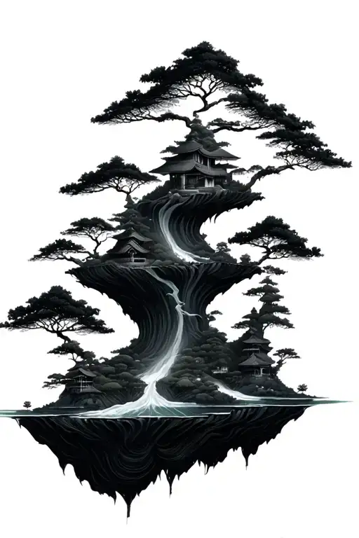 multiple floating islands that have bits of a japanese zen garden on it