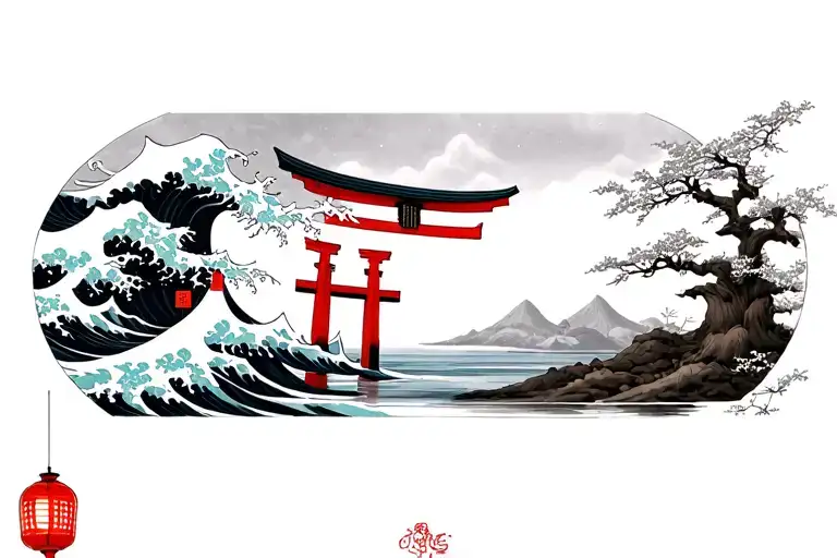 Japanese waves + torii + Japanese lantern + Japanese cherry tree - Variation 1