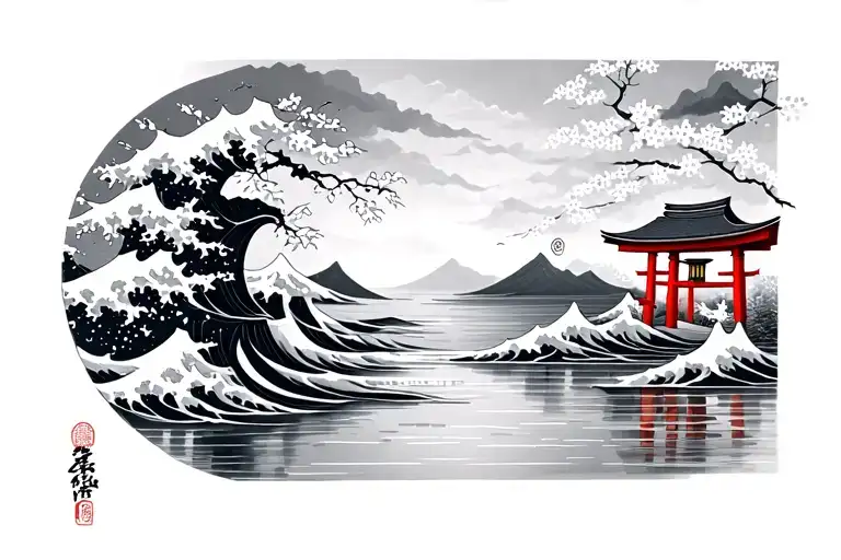 Japanese waves + torii + Japanese lantern + Japanese cherry tree - Variation 2
