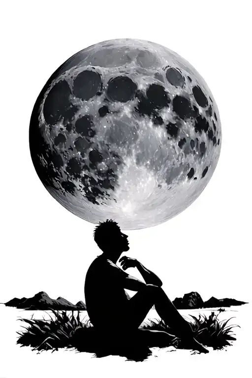 dark figure silhouette sitting in front of huge realistic detailed moon resting his chin on his fist looking up at it - Variation 2