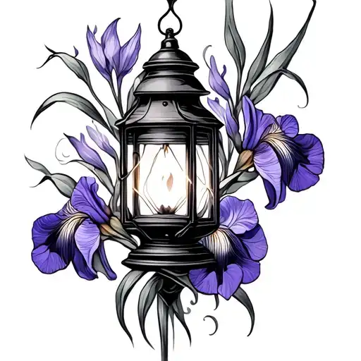 violet and irises under a vintage latern