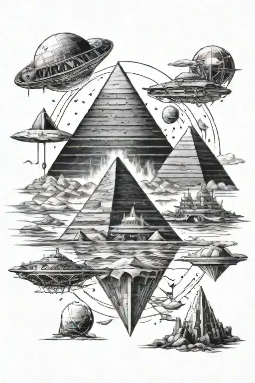 generate a tattoo of lost atlantis under pyramids that have above yhem thr galaxy eith a ufo and anubis - Variation 2
