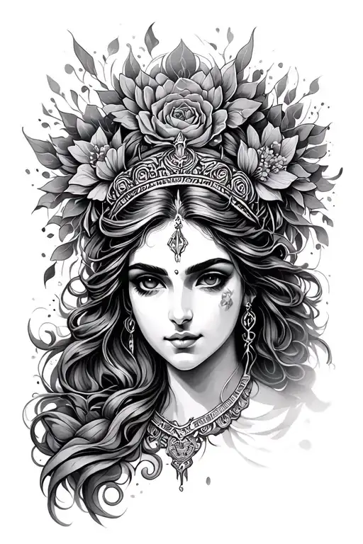 Create a medium-sized tattoo, approximately 6 inches wide, in grayscale of blithe the goddess of mental heal, portraitin - Variation 1