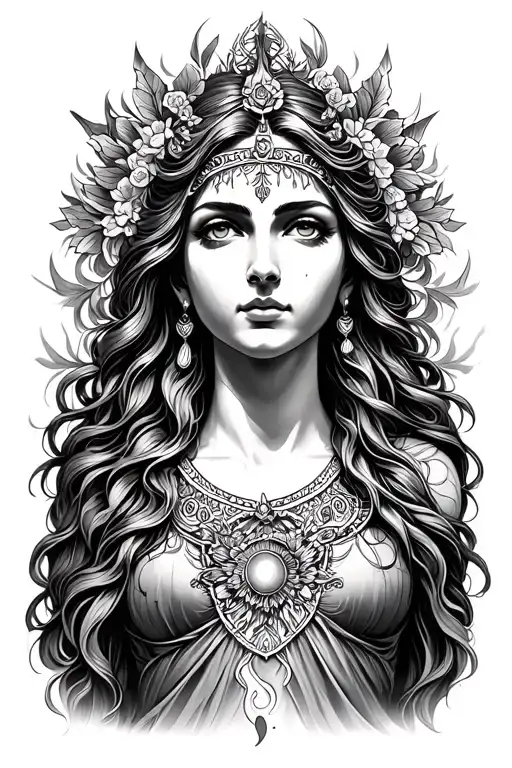 Create a medium-sized tattoo, approximately 6 inches wide, in grayscale of blithe the goddess of mental heal, portraitin - Variation 2