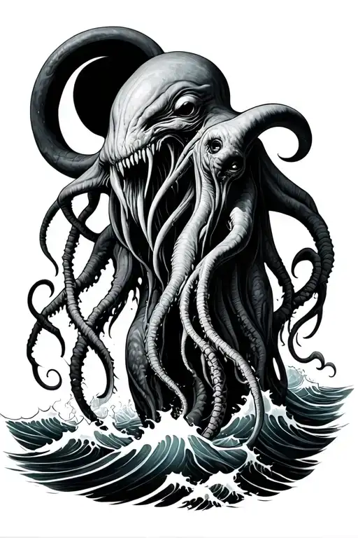 cthulhu with waves crashing realistic horror