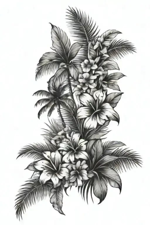 Fijian inspired floral with palm trees line work - Variation 2