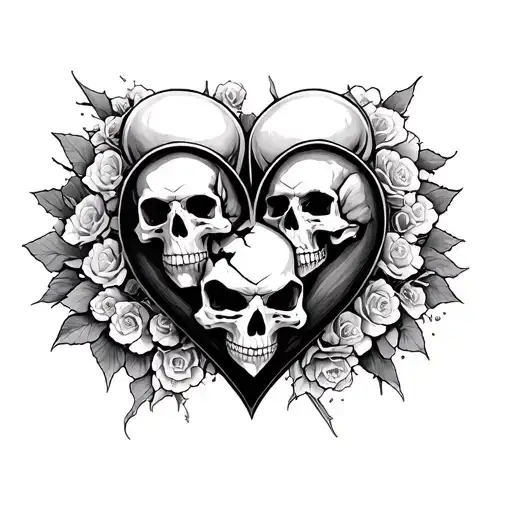 Broken heart surrounded by skulls