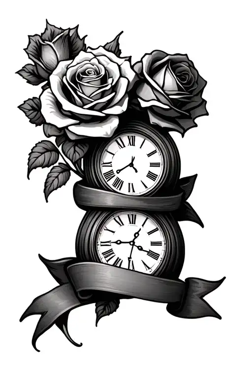 two clocks stacked together with intertwining banner and rose on left side - Variation 2