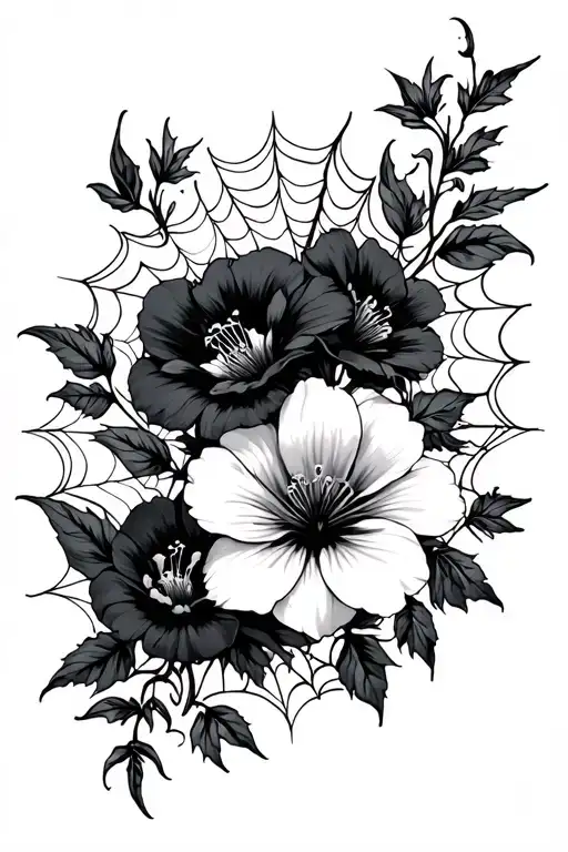 poisonous flowers with negative space arm sleeve with spiderwebs, gothic