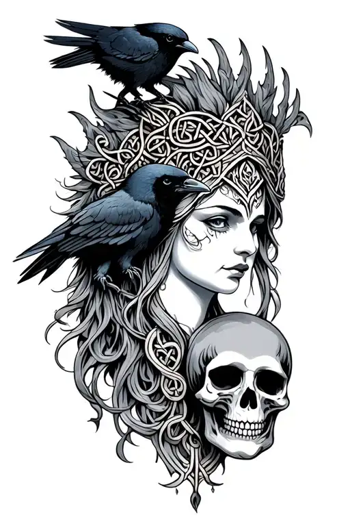 Celtic goddess head with crows and skulls - Variation 3