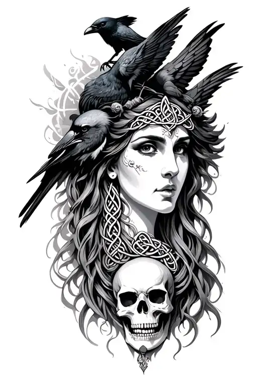 Celtic goddess head with crows and skulls - Variation 4