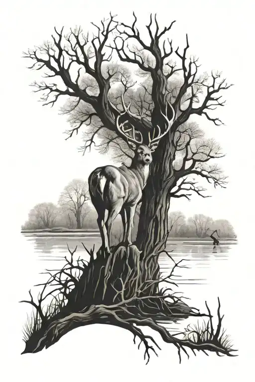 black and white image of buck deer standing alert by dead tree and mallards flying by swampy area