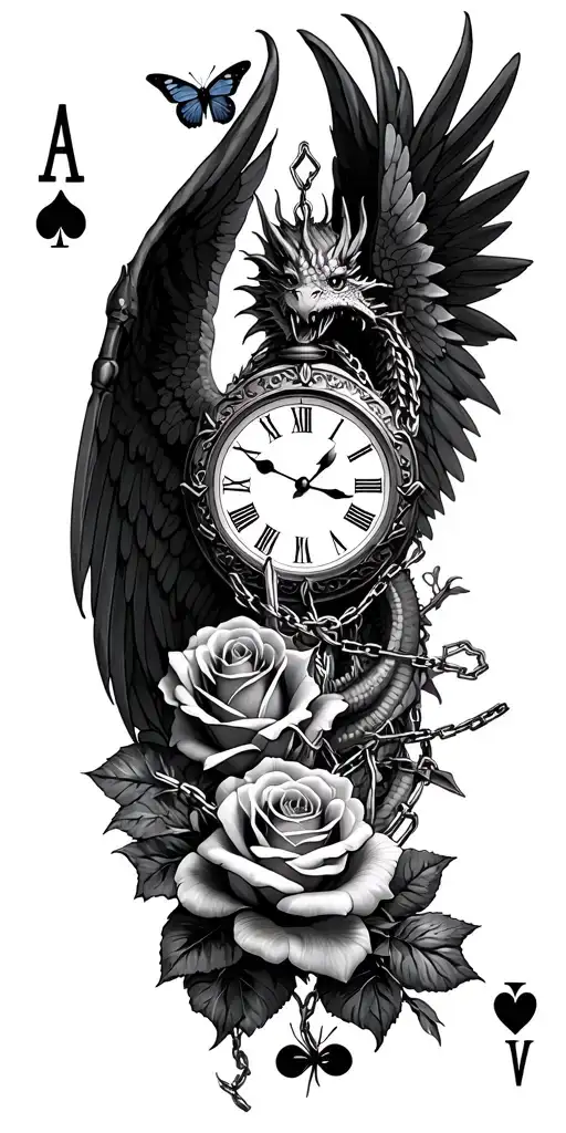 roses intertwined, clock face surrounded, angel wings, dragon, butterfly, chains, ace card