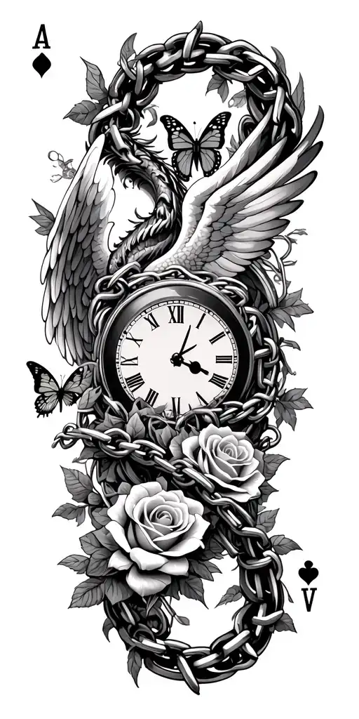 roses intertwined, clock face surrounded, angel wings, dragon, butterfly, chains, ace card - Variation 2