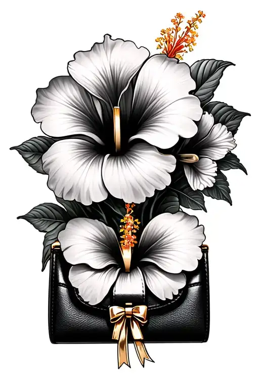 bouquet of hibiscus flowers with a black purse charm with a gold bow