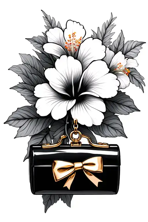 bouquet of hibiscus flowers with a black purse charm with a gold bow - Variation 2