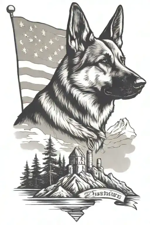 A portrait german shepherd on a mountain peak American flag waving saying "diabetes" - Variation 2