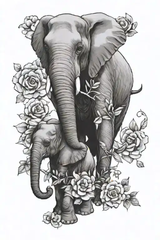 mama elephant we with baby elephant with flowers - Variation 2