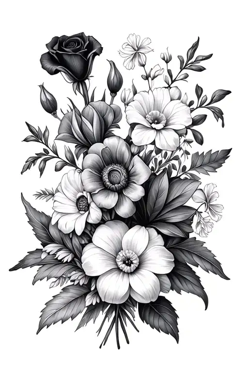 flower bouquet with Violets, Irises, Primroses, Black Baccara Roses, Dahlia Pinnatas