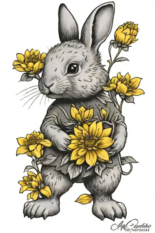 little bunny smelling a yellow chrysanthemum flower with a writing "mia coniglietta" in cursive below it
