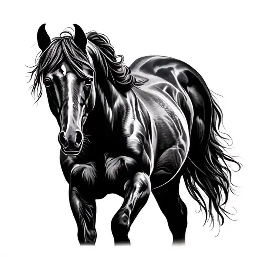 "A highly detailed, black and white realistic horse in a powerful pose. The horse should have a muscular body, flowing m