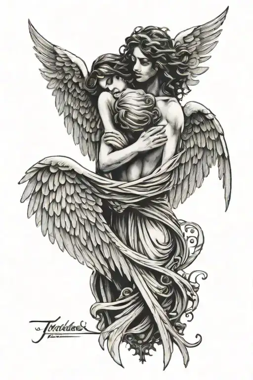 angel wings hugging, silhouette of a person, above a cemetery fence, inscription