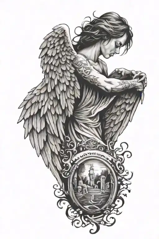 angel wings hugging, silhouette of a person, above a cemetery fence, inscription - Variation 2
