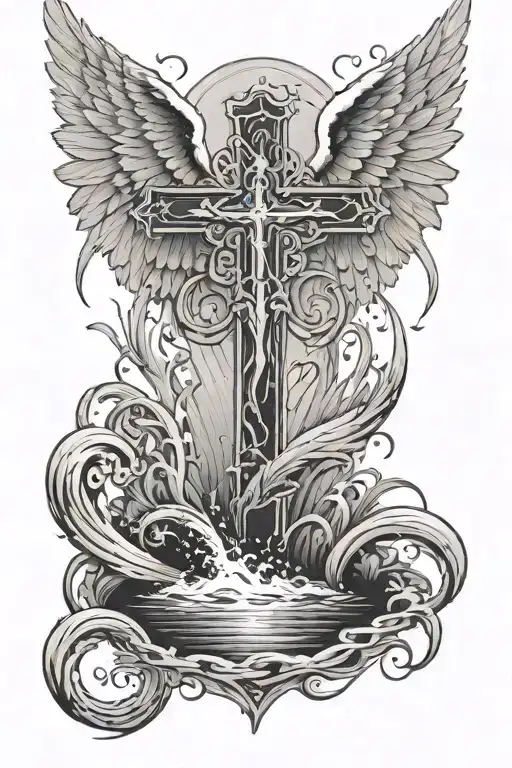 holy cross with angel wings at top of it with the cross coming out of a lake