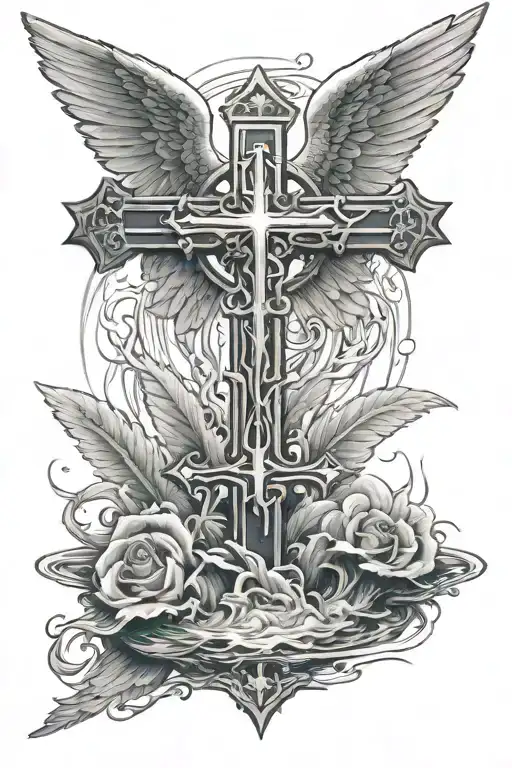 holy cross with angel wings at top of it with the cross coming out of a lake - Variation 2