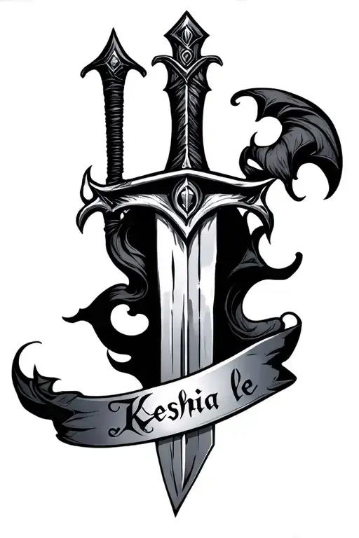 mid evil sword tattoo with the name Keshia lee on the blade - Variation 2