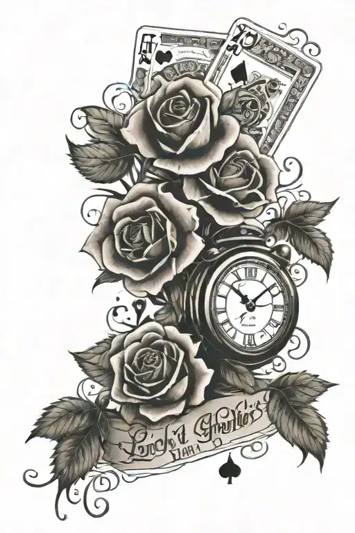 deck of cards with the quote life is a gamble , roses , money , and clocks , dice - Variation 2