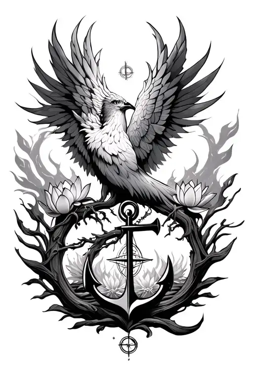 Phoenix rising from ashes Tree of life Lotus flowerAnchor and compass - Variation 1