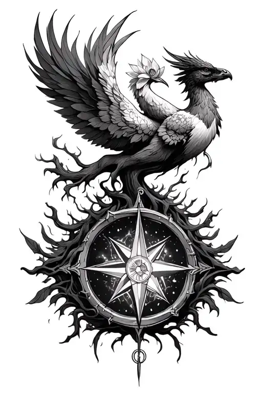 Phoenix rising from ashes Tree of life Lotus flowerAnchor and compass - Variation 2