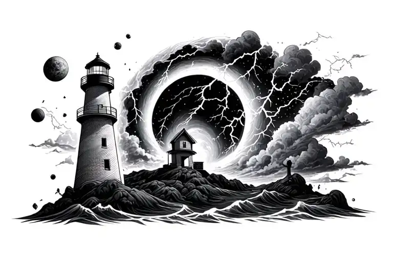 lighthouse, black hole, planet, lightning, storm