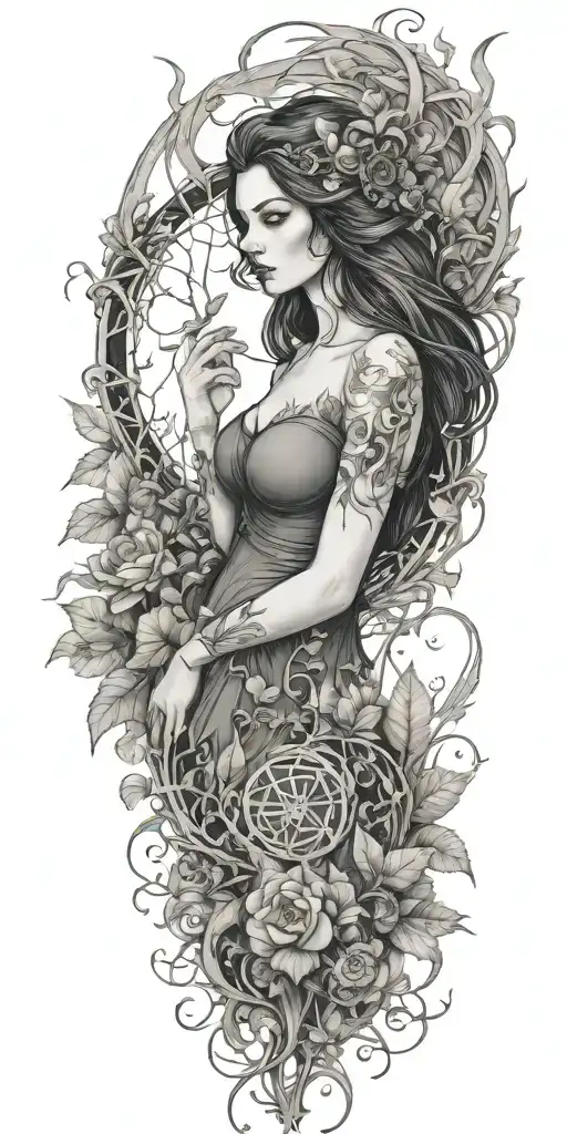 A witch's familiar surrounded by mystical runes and plants scary