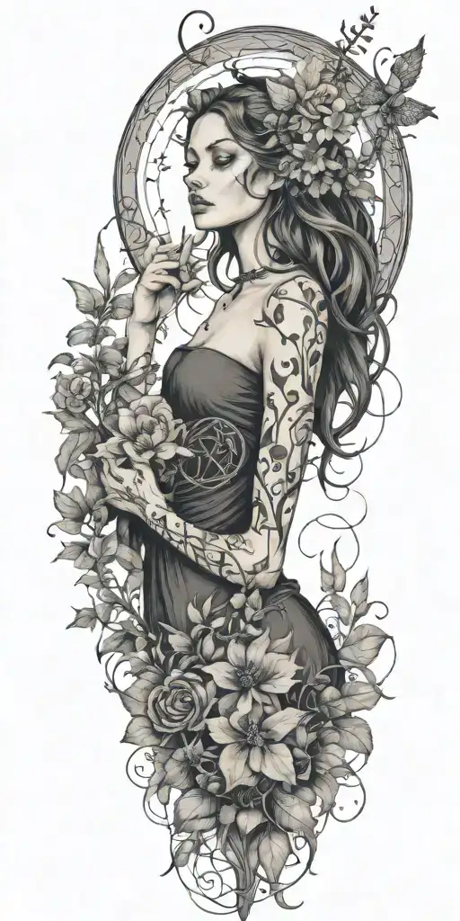 A witch's familiar surrounded by mystical runes and plants scary - Variation 2