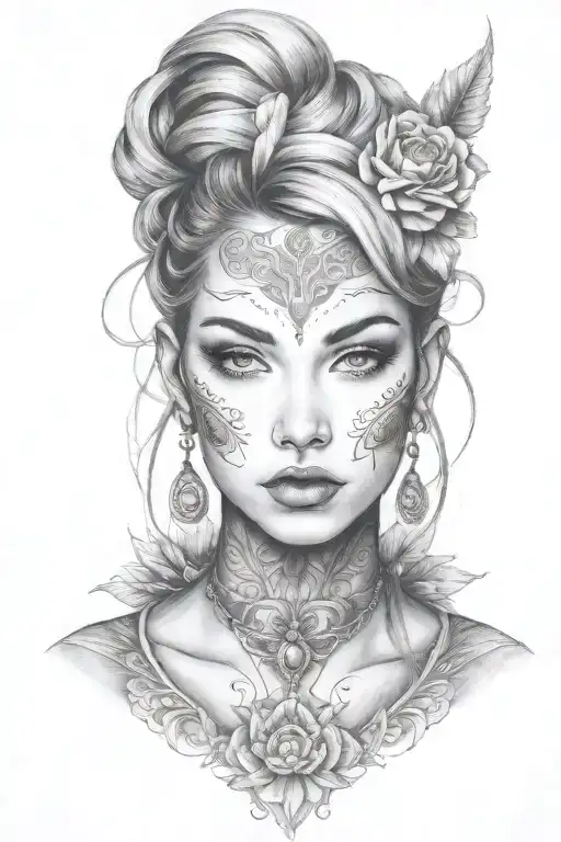 young woman front face tattoo