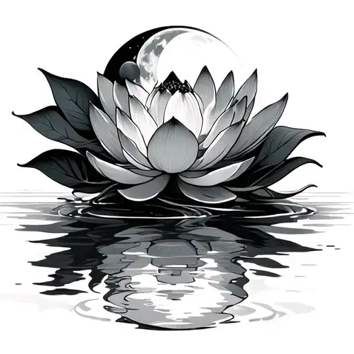 lotus flower with large black leaves with phases of moon reflecting on the water