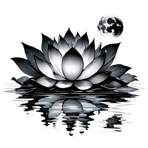 lotus flower with large black leaves with phases of moon reflecting on the water - Variation 2