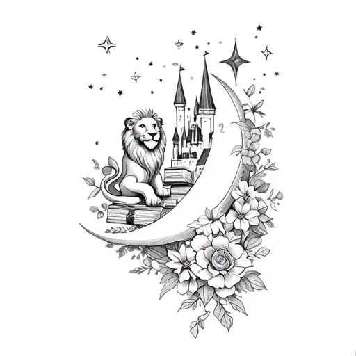 moon stars, disney castle, lion, flowers, books floating