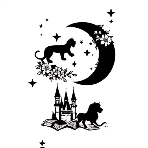 moon stars, disney castle, lion, flowers, books floating - Variation 2