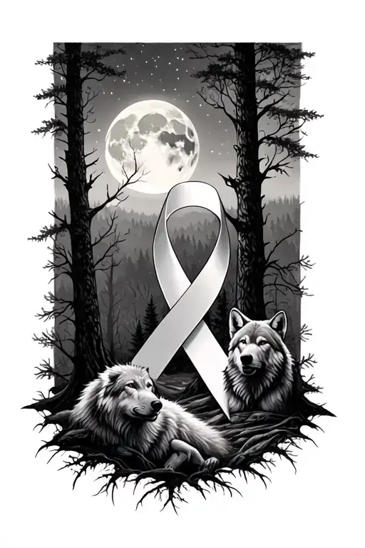 cancer ribbon symbolizing transformation into moonlight over the woods with a moon and wolves