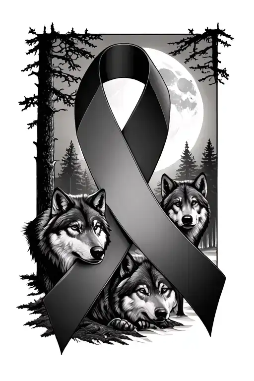 cancer ribbon symbolizing transformation into moonlight over the woods with a moon and wolves - Variation 2